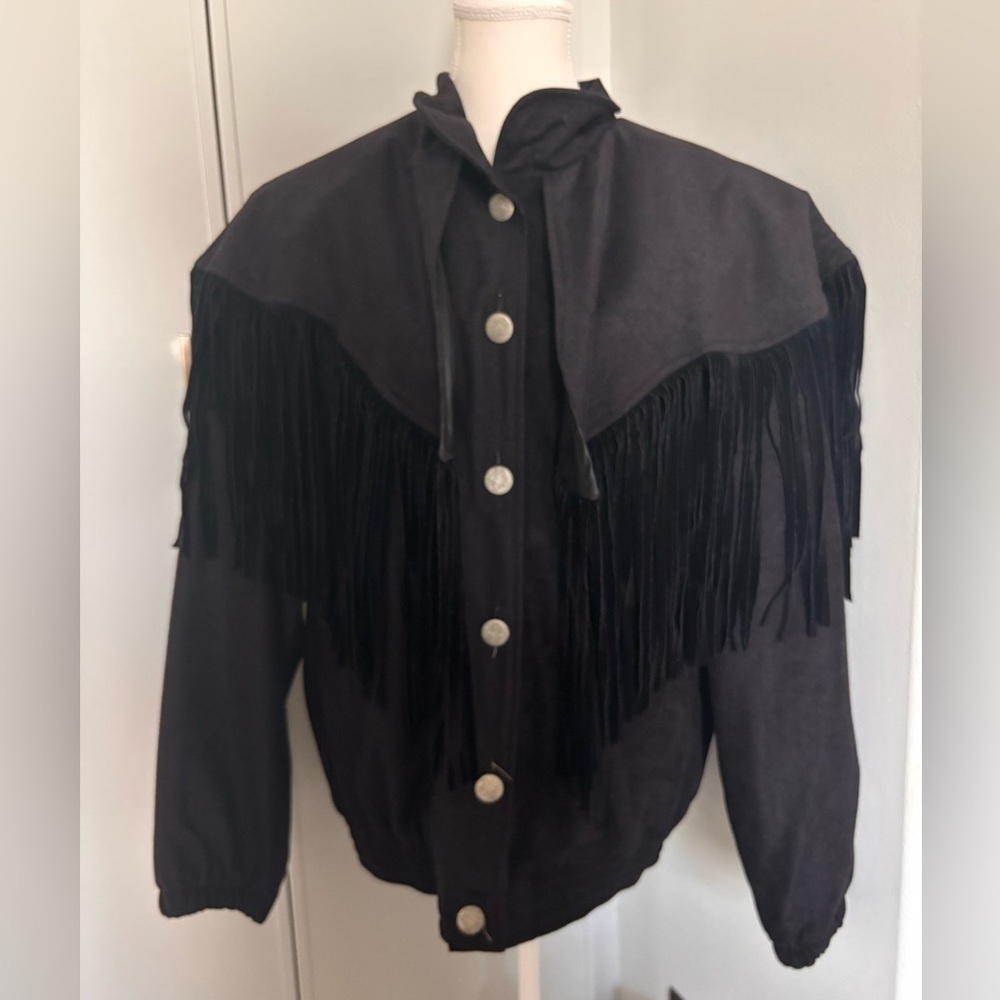 Vintage Black Fringe Western Button-Up Jacket with Embroidery Made in USA
